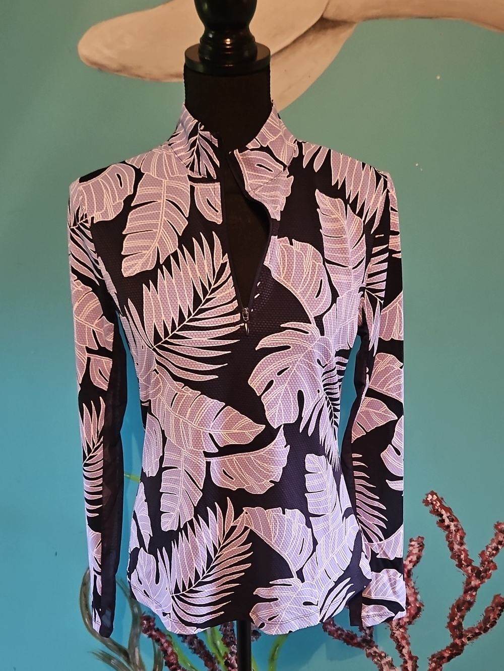 Tommy Bahama Navy Long Sleeve Leaf-Print Half-Zip Top with Light Pink Leaves